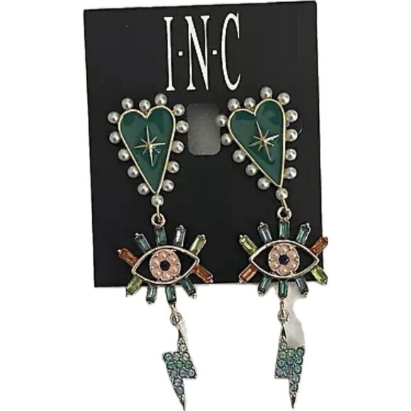INC Teal Heart -Evil Eye- Bolt Pearl Crystal Detail Triple Drop Linear Earrings - Picture 2 of 3